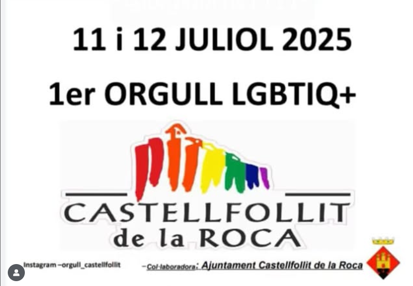 Cartel del 1er Orgullo LGTBIQ+ en Castellfollit de la Roca con fechas 11 y 12 de julio de 2025, ilustración de figuras humanas en colores del arcoíris sobre el nombre del municipio.